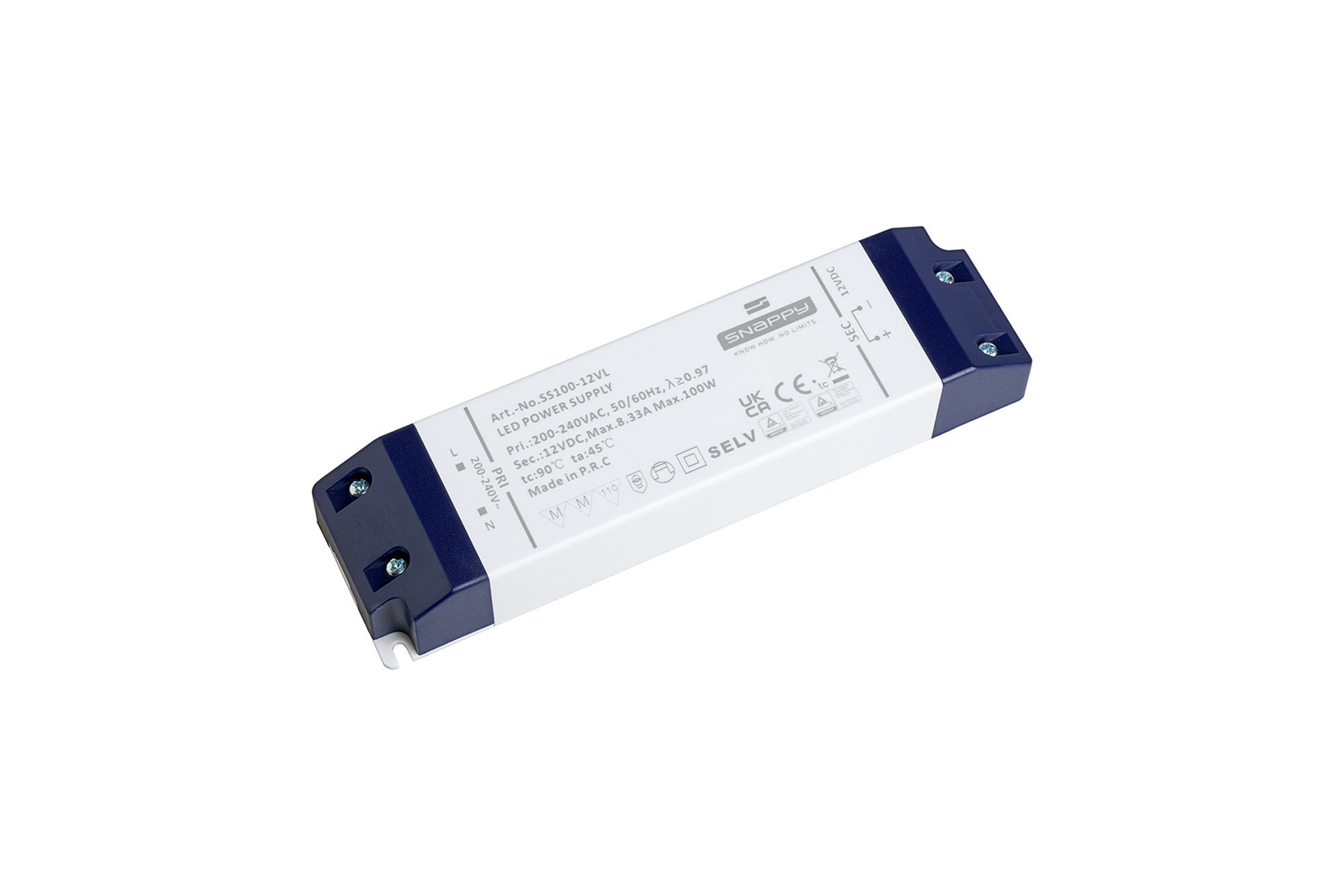SS100-12VL  100W Constant Voltage Non-Dimmable LED Driver 12VDC  8.3A  IP20.